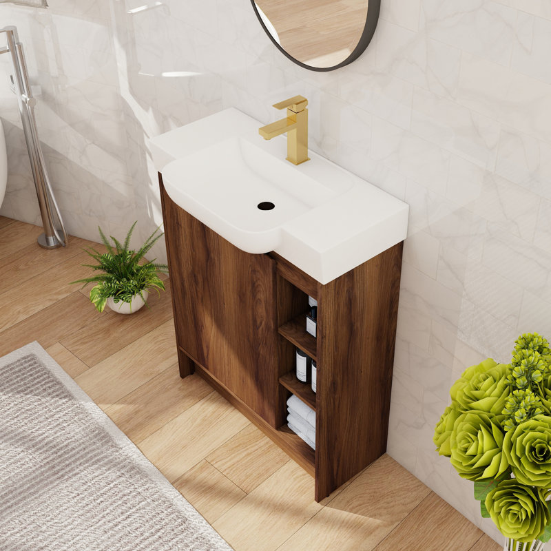 Ensemble de meuble-lavabo 28 po, meuble-lavabo simple autoportant avec comptoir en céramique, meuble-lavabo sur pied avec 1 porte et 3 tablettes