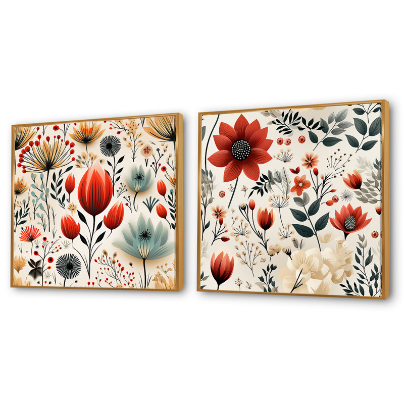Imrane - Ensemble de 2 collages carrés botaniques abstraits, Cadre flottant doré, H 16 po x l 33 po