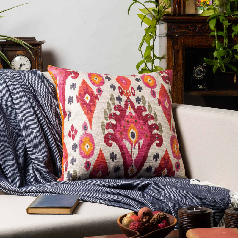 Heavyweight Linen-blend IkatCushion in Pink and Orange, 43x43cm, Cover only