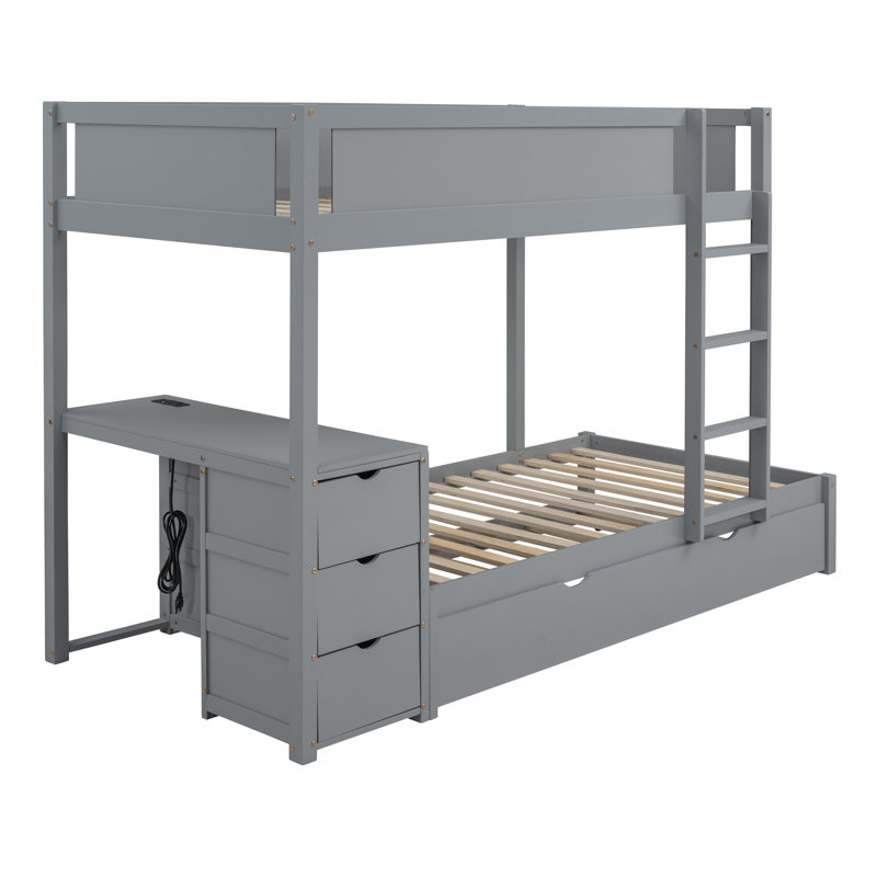 Lit superposé triple avec bureau de chargement intégré et lit gigogne, Gris