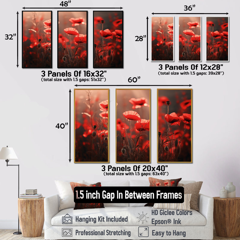 «Red Poppies At Dawn» - ensemble de reproductions d'art mural coquelicots, H 28 po x l 36 po x P 1 po, Cadre flottant blanc