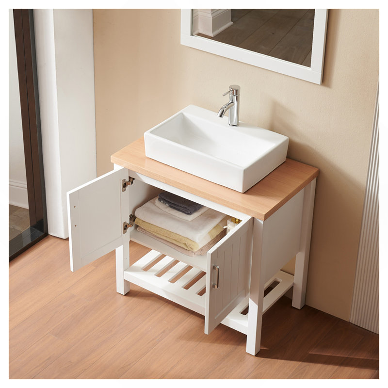 Meuble-lavabo simple 32 "avec lavabo, meuble-lavabo simple avec portes et tablette ouverte, petit meuble-lavabo en bois massif avec lavabo, blanc + naturel
