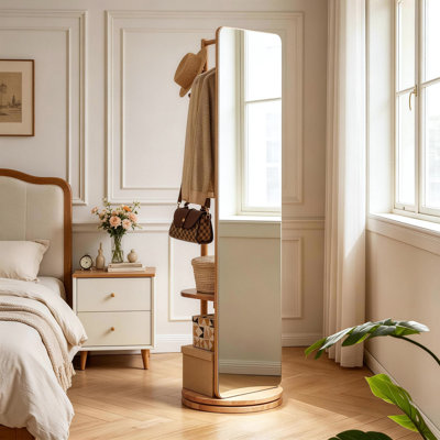 Miroir sur pied pleine longueur pivotant à 360 ° avec support à vêtements intégré et tablettes de rangement