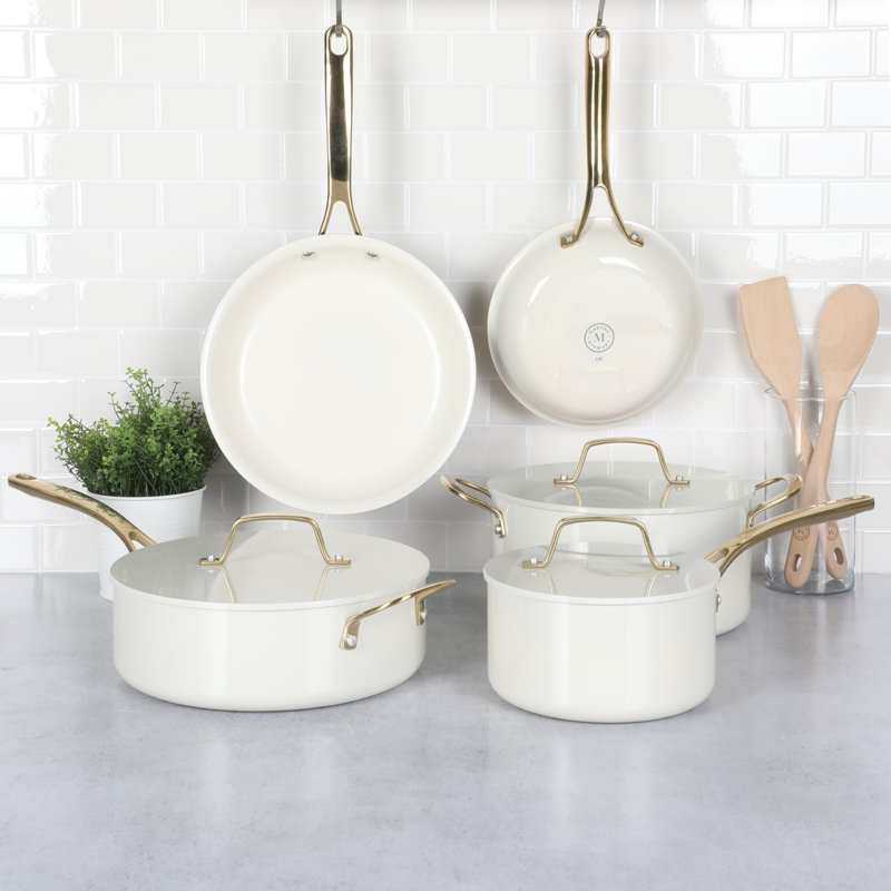 Batterie de cuisine en aluminium 10 pièces Martha Stewart Galway avec couvercle en aluminium, Or / rose