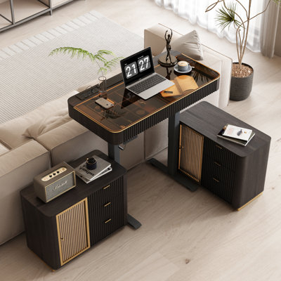Home office desk, adjustable reversible standing desk with built-in USB and power outlet, glass top, storage drawers, two large capacity storage cabinets