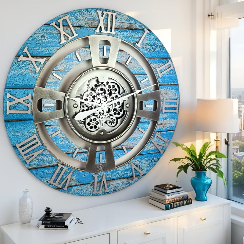 Wall Clock 36" Oversized for Living Room decor with Real Moving Gears England Collection, Ocean Blue