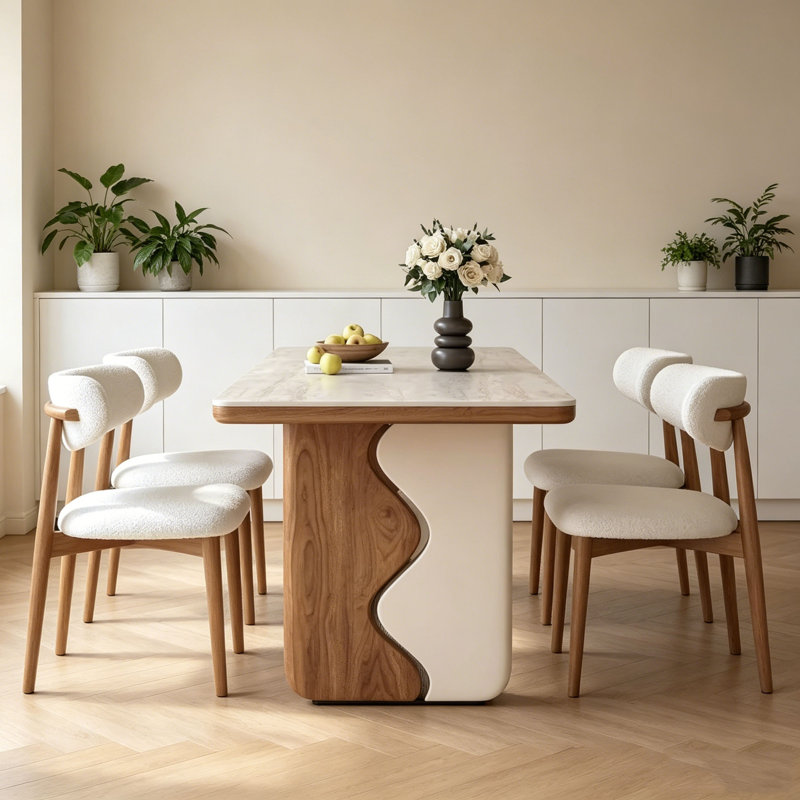 Table Mid-Century en pierre frittée, 5 Pieces: Table, 4 Chairs, 29.5" H x 70.9" W x 31.5" D