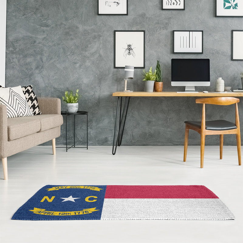 Foldable Chenille Area Rug – North Carolina Flag Print with Non-Slip Backing, Red/Blue/Yellow, Rectangle 2' x 3'