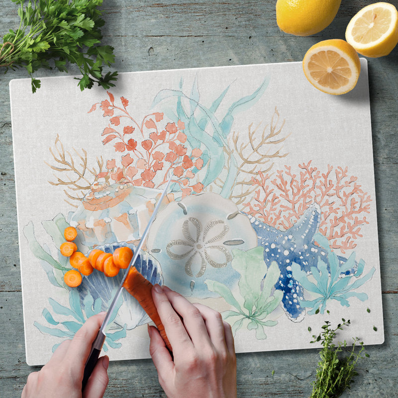 Seaside Coral and Shells Tempered Glass Cutting Board