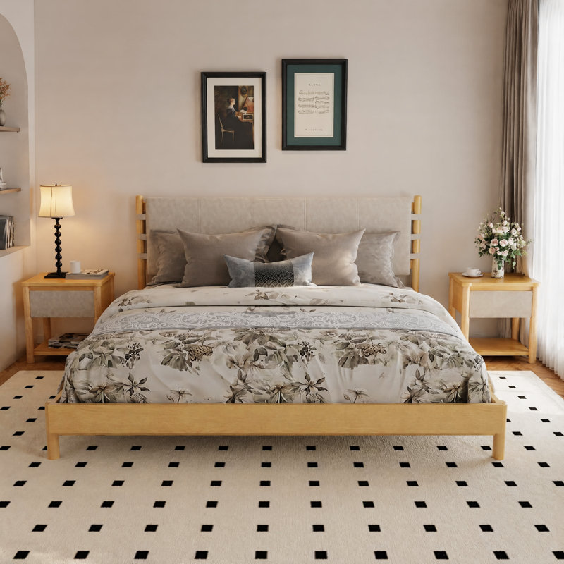 Ensemble de grand lit plateforme en bois grand: cadre de lit avec tête de lit + 2 tables de chevet assorties ， beige, Queen
