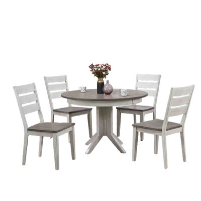 Hermelindo 5-Piece Round Extendable Solid Wood Dining Set White and Grey