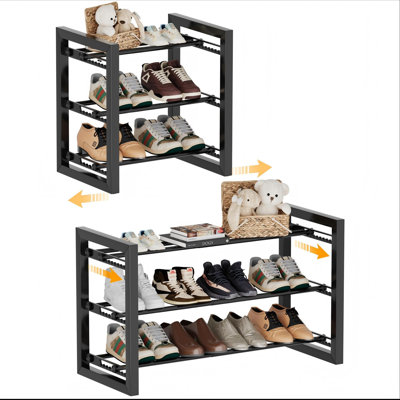 Expandable Shoe Rack, Shoe Shelf, Adjustable Shoe Stand, Heavy-Duty Steel Standing Shoe Organizer, 3 Tier, (Black)