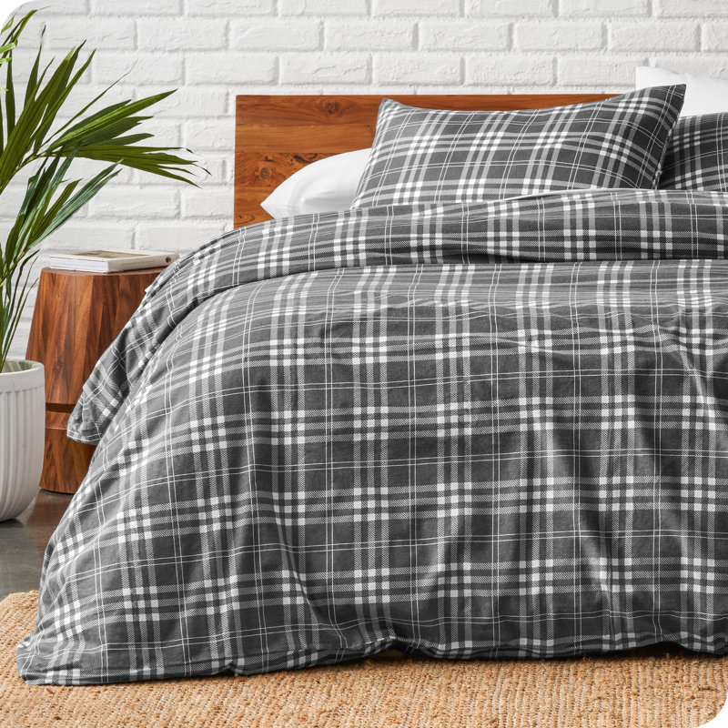 Flannel Duvet Cover and Sham Set, King Duvet Cover + 2 King Shams, Stirling Gray/White