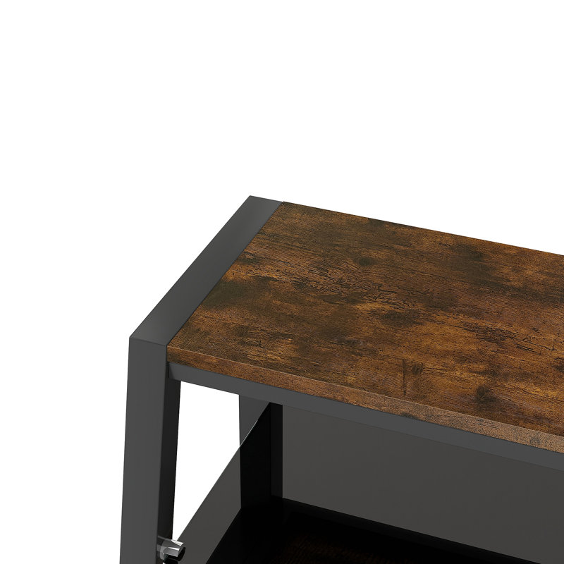 Meuble télé avec rangement en bois et plateau en verre trempé noir, Bois d'acacia