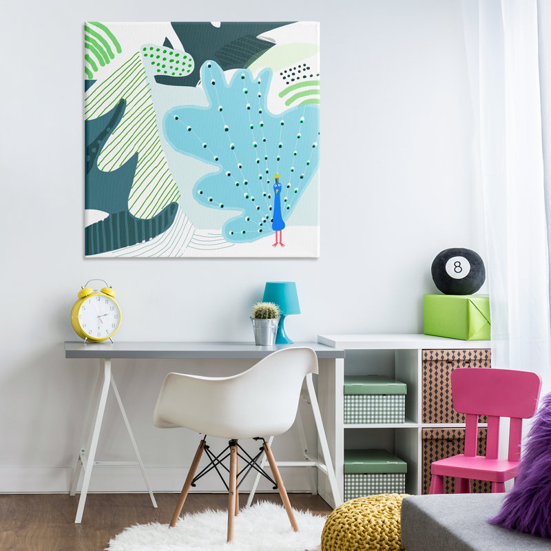 Art mural sur toile fantaisiste à motif paon par Carla Daly, H 36 po x l 36 po