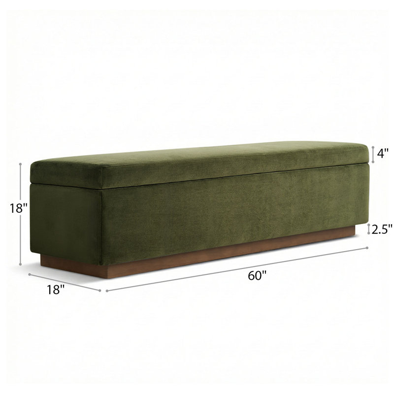 60" Wide Mid-Century Velvet Storage Bench With Solid Wood Base, Green