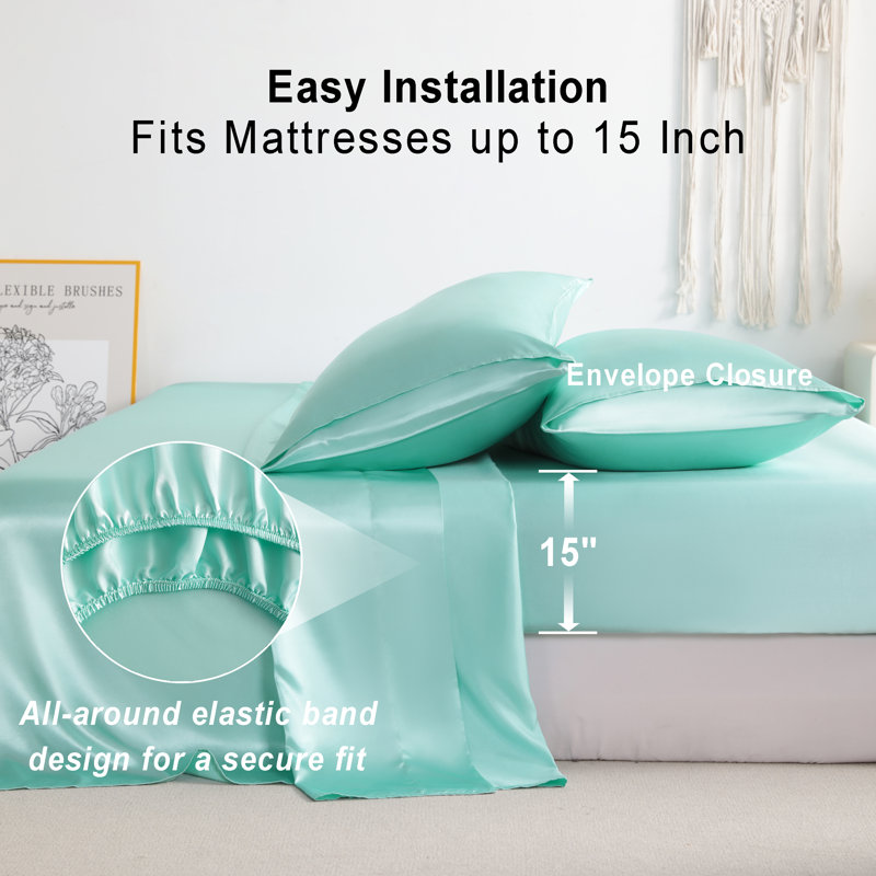 Ensemble de draps en satin 4 pièces Luxury, Couvre-lit double + 4 pièces supplémentaires, Turquoise
