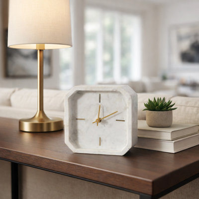 Aparicio Decorative Octagon Marble Tabletop Clock for Home Decor - Modern Mantel Clock Accent for Shelf, Office, or Entryway Display - Ivory
