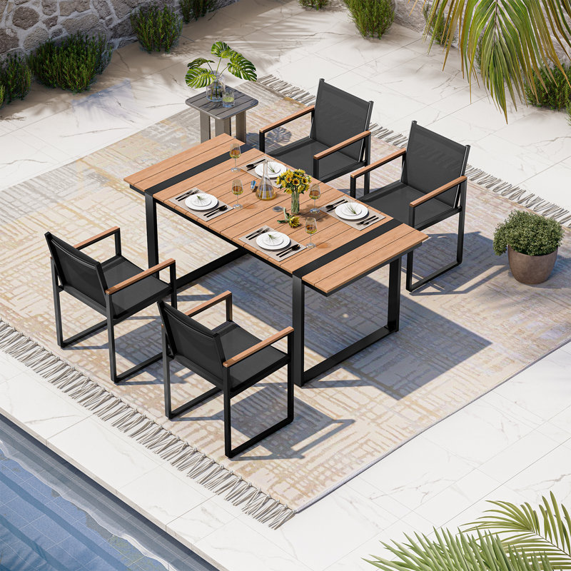 Ensemble de salle à manger d'extérieur Alora 5 pièces en aluminium avec table de 171 cm (67,4 po) à plateau imitation bois, pieds en forme de U et 6 chaises