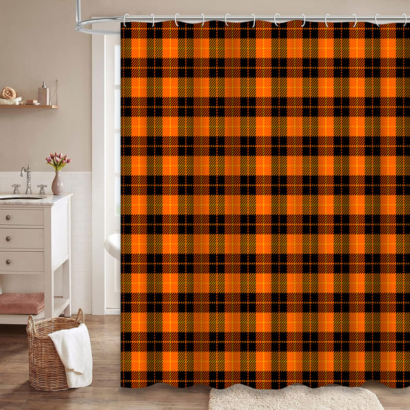 Rideau de douche Halloween à carreaux orange et noir avec 12 crochets, L 72 po x l 72 po