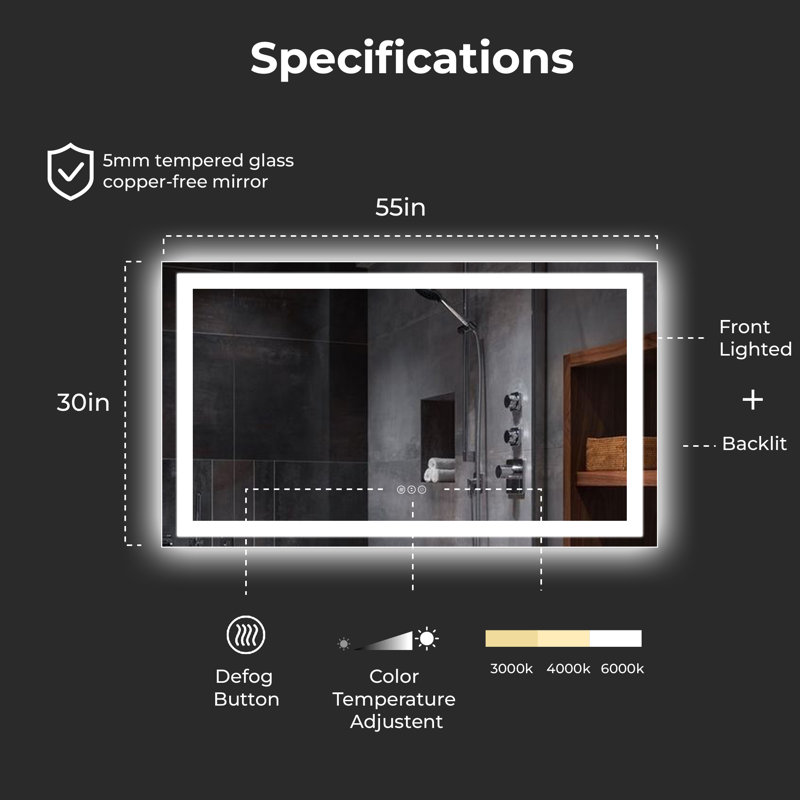 Miroir de salle de bain sans cadre à DEL, 32 po x 50 po