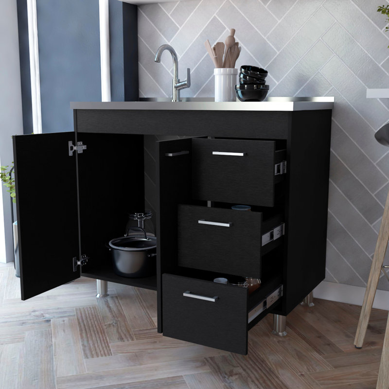 Armoire noire à 3 portes pour la cuisine - augmentez l'efficacité du rangement avec 3 tiroirs et 2 portes