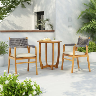 Ensemble repas d'extérieur en bois d'acacia avec coussin, corde et teck 3 pièces