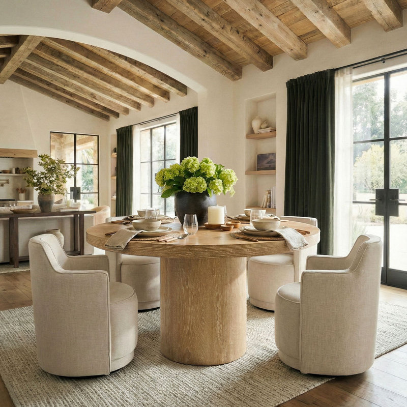 Ensemble de table de salle à manger pour 4 personnes avec table ronde et 4 chaises rembourrées en tissu, Beige