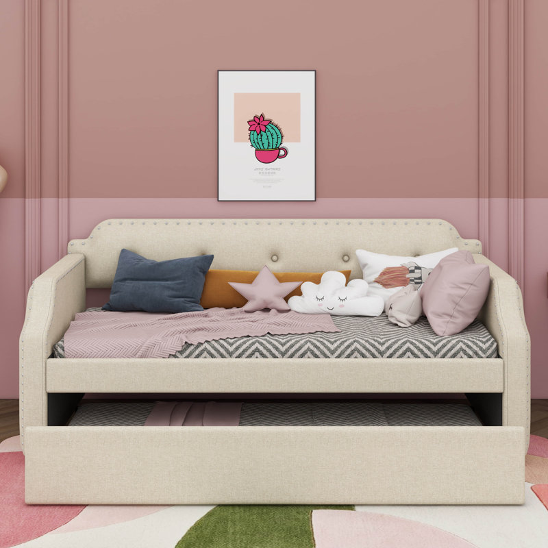 Twin Size  Linen Upholstered Daybed Sofa Bed With Pull-Out Trundle Design, Beige