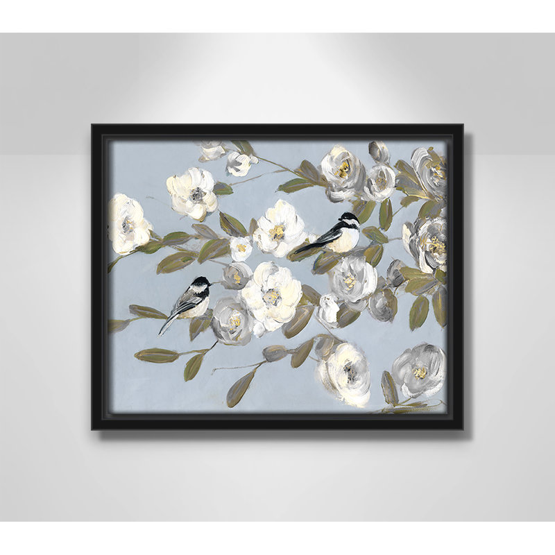 Chickadees And Blossoms I - Toile à cadre flottant, H 9,5 po x l 11,5 po x P 2 po, Cadre noir
