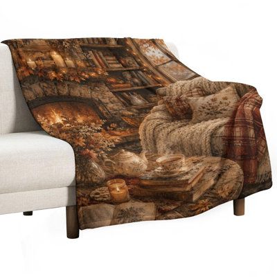 Floral plaid feuilles d'automne bougie douillette livres livres luxueux jeté en flanelle, couverture douce et chaude pour salon canapé-lit Home Decor