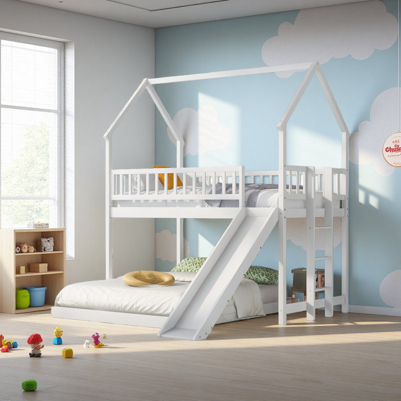 Lit superposé simple au-dessus d'une chambre double avec glissade et échelle intégrée, garde-corps pleine longueur, Blanc