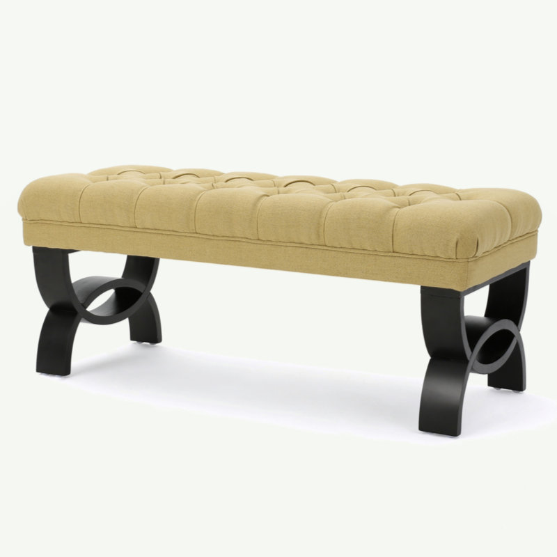 Beene Upholstered Tufted Bench with Birch Wood Legs, Yellow Fabric