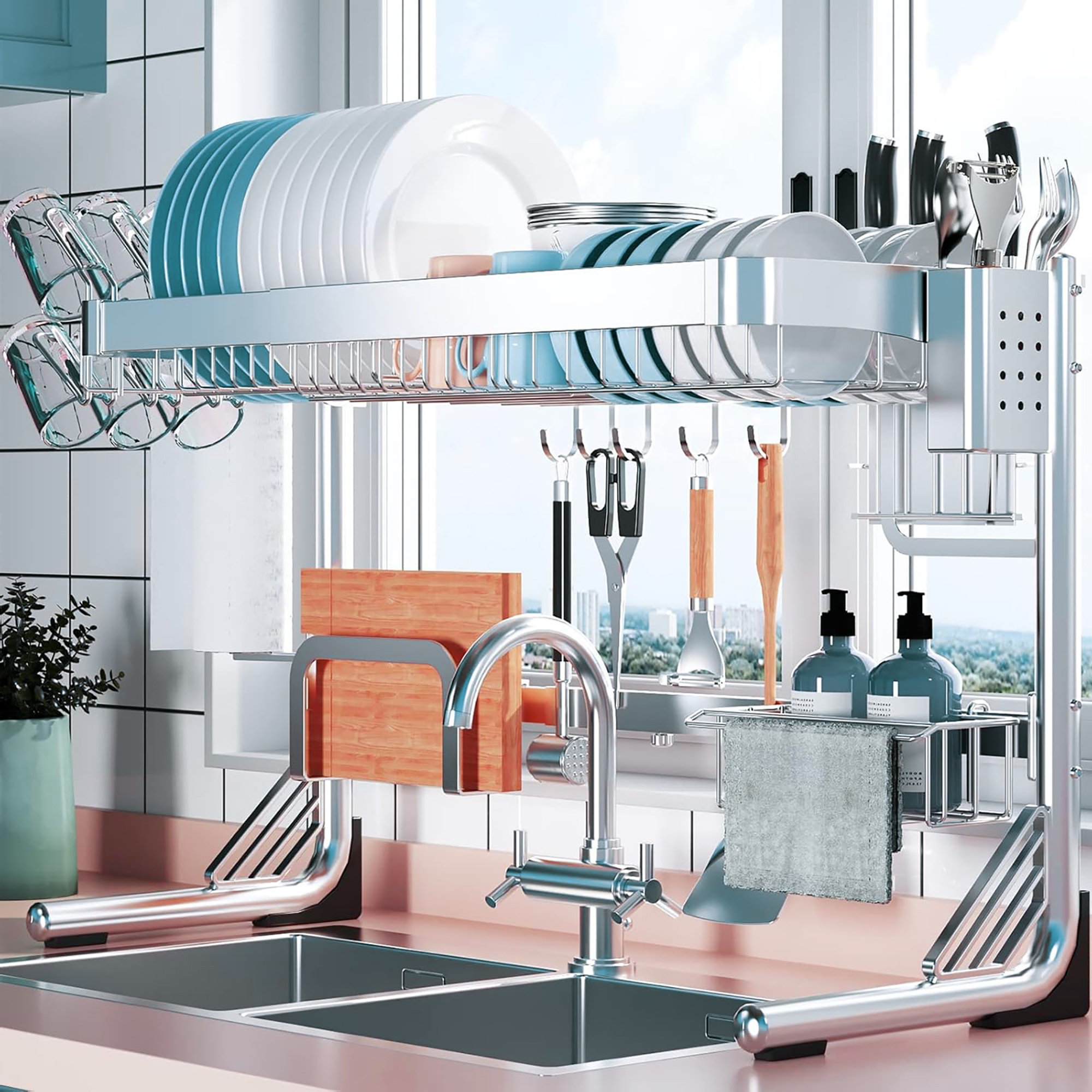 LGHM 2 Tier Expandable Stainless Steel Over Sink Dish Rack, Adjustable ...