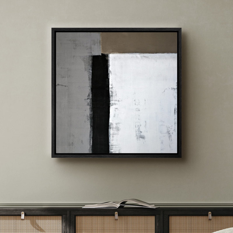 Blocs de couleurs texturés noir, gris et blanc - reproduction sur toile flottante, H 24 po x l 24 po x P 1,5 po, Cadre noir