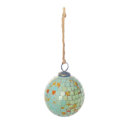 Antique Green Glass Mosaic Ball Ornament With Iron Detailing