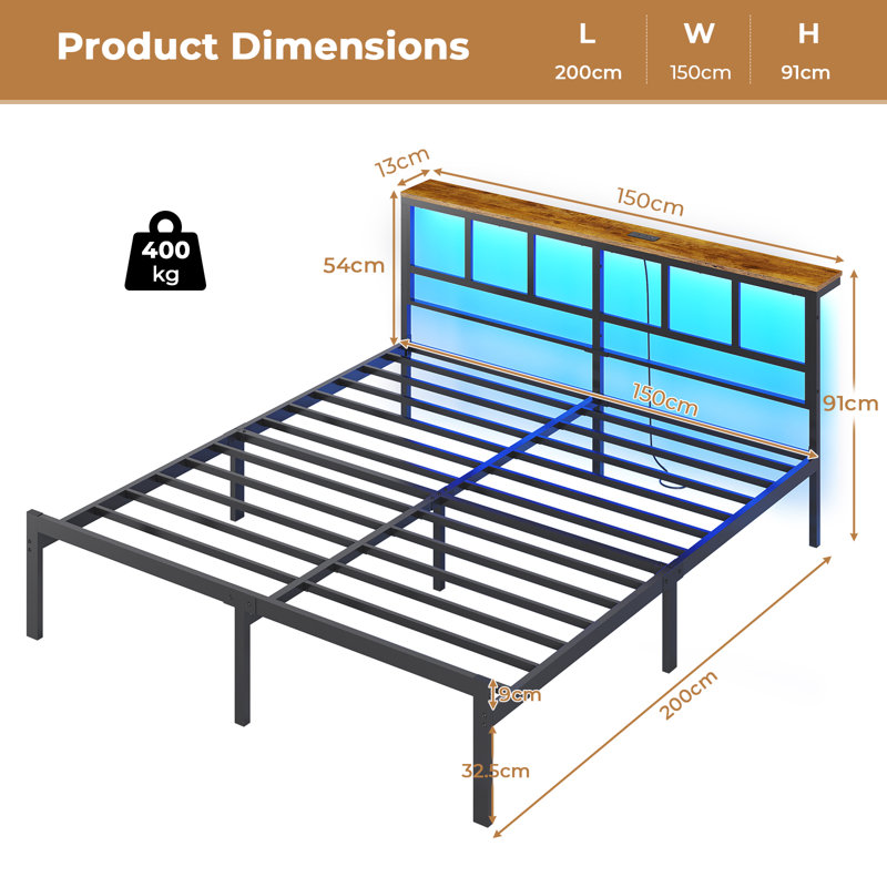 Bed Frame with Power Strip & LED Lights, Metal Platform Beds with Headboard, Stable and Sturdy, No Box Spring Needed