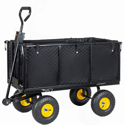 4-In-1 Oversized Steel Dump Garden Cart , 880Lbs Pullable Mesh Metal Garden Cart, All-Terrain Utility Cart With Removable Liner & Side Panels & Mesh Tray For Outdoor Lawn, Patio And Landscaping, Black