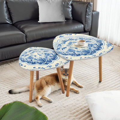 Triangle Nesting Coffee Table Set of 2 Vintage Blue White Underwater Marine Lighthouse End Table Modern Minimalist Side Table Set for Living Room Bedroom