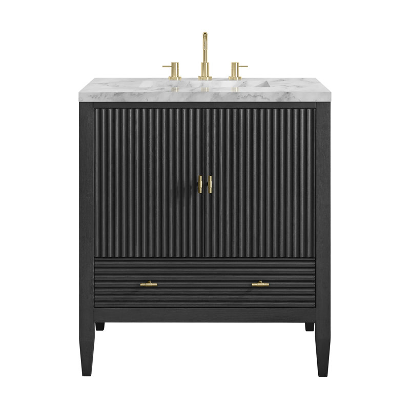 Myrrin 30" W Single Vanity, Carrara Marble, Carbon Oak, 8" Widespread