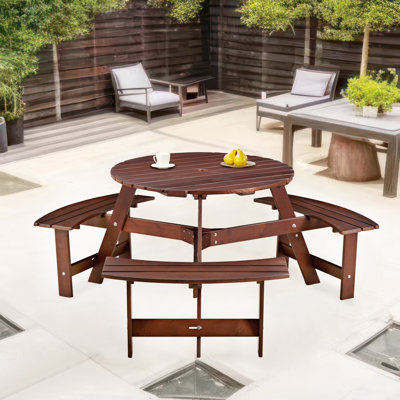 Table de pique-nique extérieure, table de pique-nique ronde avec bancs intégrés, trou pour parasol, ensemble de table et banc d'extérieur pour le jardin, la cour, le porche, le patio