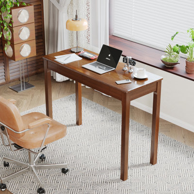 Solid Wood Desk With Drawers - 16 Inch Vintage Narrow Desks, Mid Century Modern Desks, Rubber Wood Study Table, Small Writing Desk For Bedroom|small S