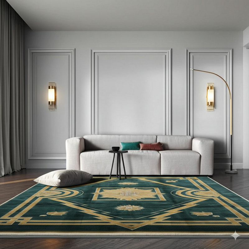 Green Hand-Knotted Wool Art Deco Diamond Geometric Modern Contemporary Carpet Rug, 8' x 10'