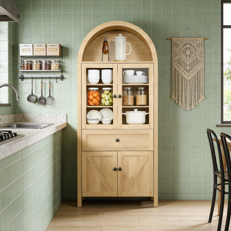 Grande armoire de rangement à tablettes multiples avec arche rétro, Jaune