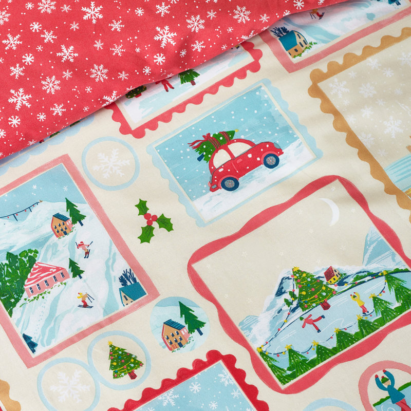 Christmas Town Stamps Reversible Duvet Cover Set, Double