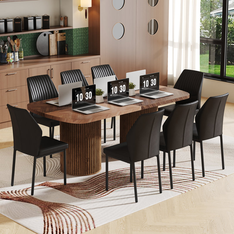 Ensemble de table de salle à manger 78,7 po, Bois brun / bois naturel, Noir, 9 pièces : table, 8 chaises