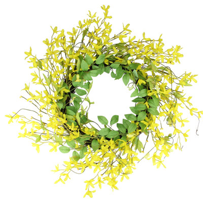 Forsythia and Leaves Artificial Spring Floral Wreath Yellow - 20-Inch