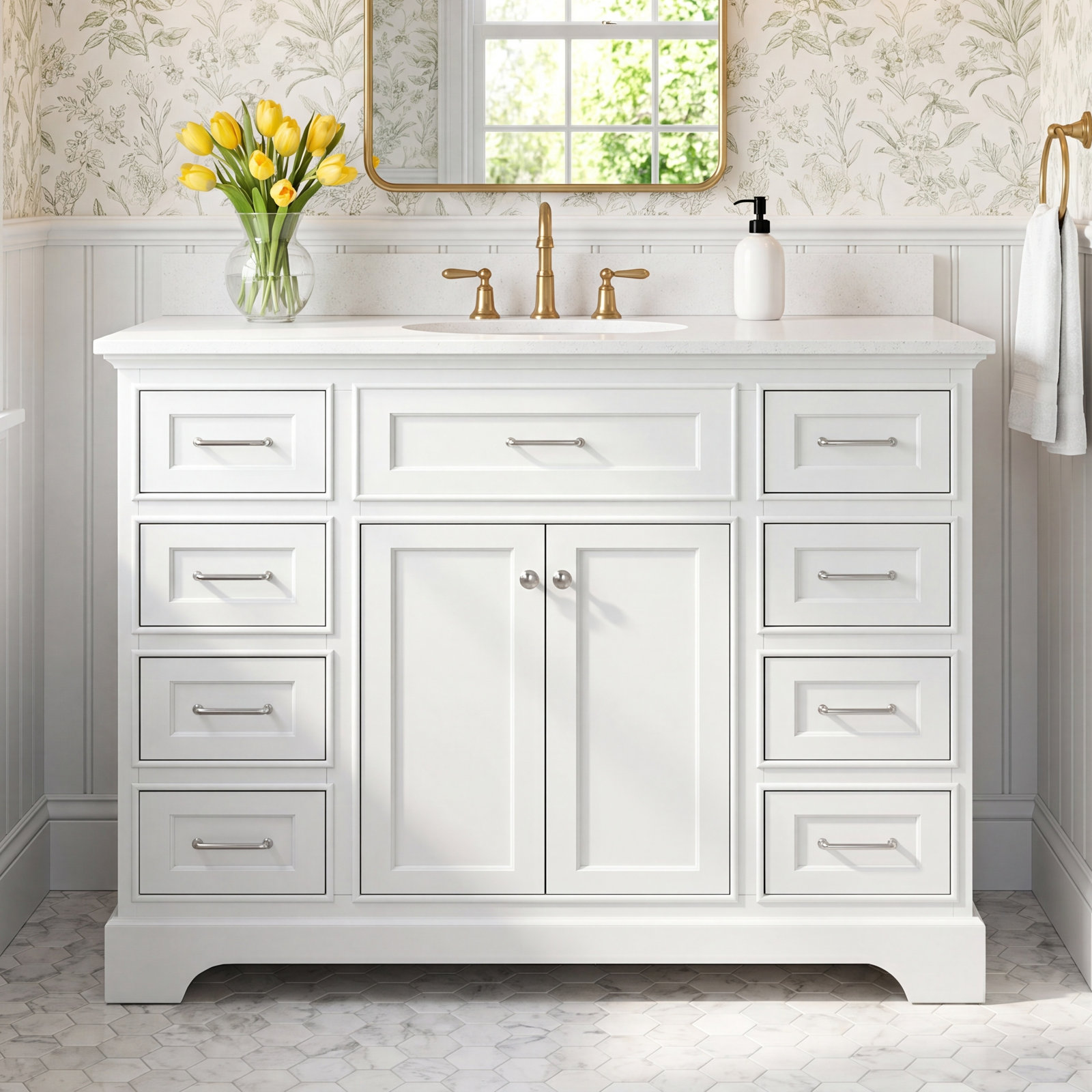 Ronnie 48'' Single Bathroom Vanity, White, Quartz