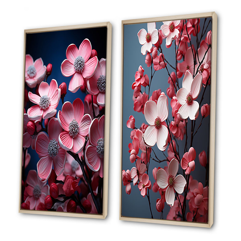 Rose cornouiller Blooms Delicate Beauty - ensemble de salon art mural cornouiller 2 pièces, Encadrement brun