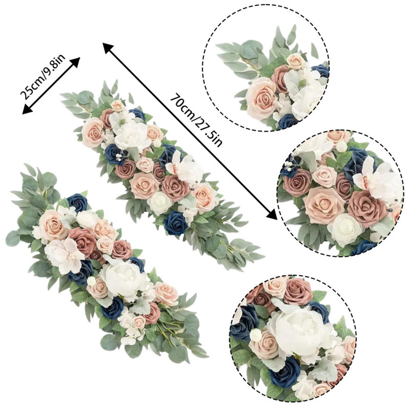 2 pièces d'arrangements floraux artificiels en forme d'arche de mariage, Bleu / Rose